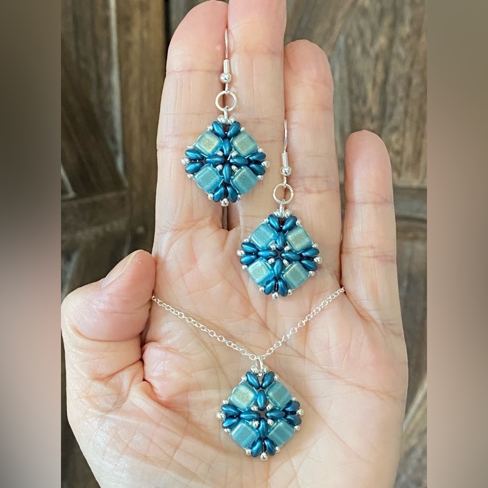 Handmade Teal Blue Silver Czech Glass Bead Necklace & Earrings Set